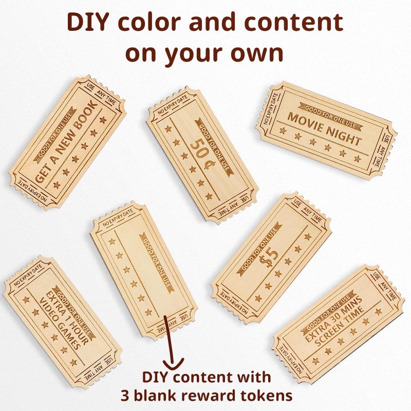 CypherX Kids Reward Tokens, Unique Birthday Wooden Tokens for Kids, 24 Redeemable Tokens + 3 Blank DIY Tokens, Coupon Shaped (Not for Easter Eggs) - Image 4