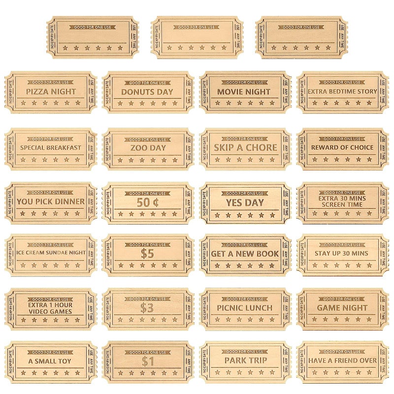 CypherX Kids Reward Tokens, Unique Birthday Wooden Tokens for Kids, 24 Redeemable Tokens + 3 Blank DIY Tokens, Coupon Shaped (Not for Easter Eggs) - Image 5