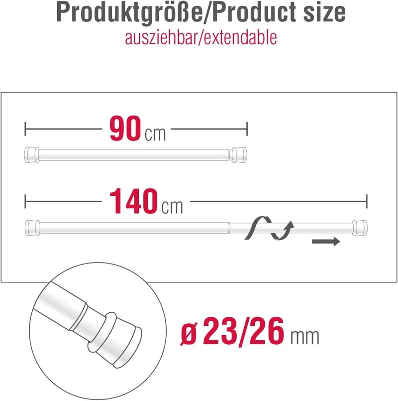 GARDINIA Tension Rod, Metal Rod, Extendable Curtain Rod without Drilling and Screwing, Diameter 23/26 mm, Length 90-140 cm, White - Image 4