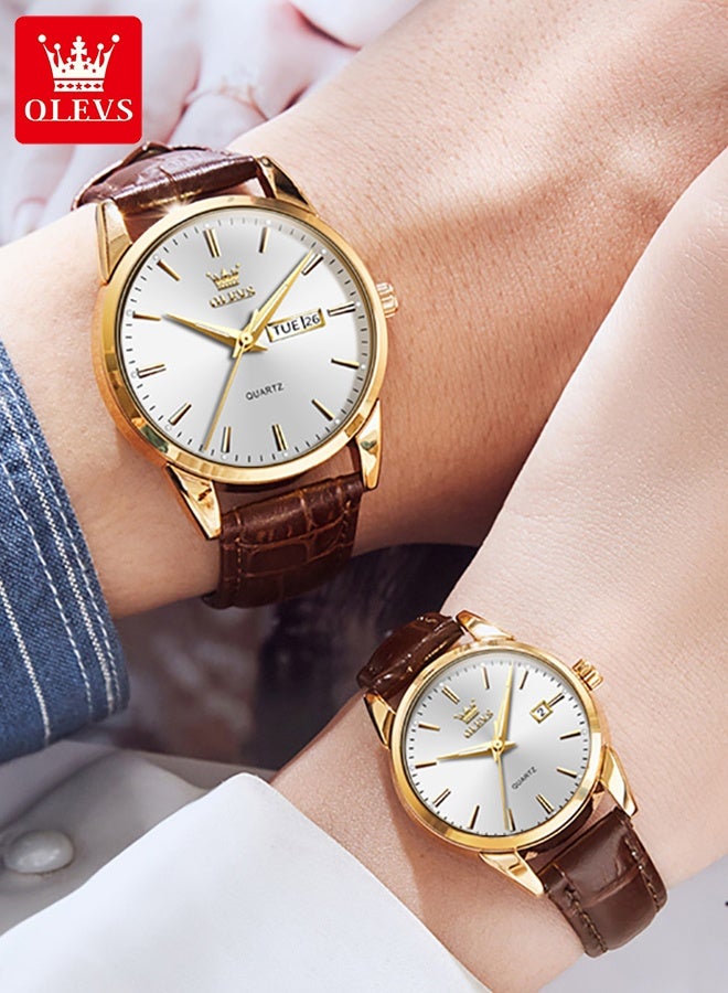 His and Her Couple Watches Business Men Women Couple Set Pair Watch Matching Romantic Quartz Watch Leather Waterproof Date Men's Watches Women Watches Wrist Watch - Image 4