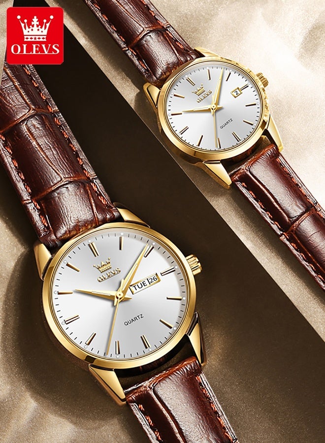 His and Her Couple Watches Business Men Women Couple Set Pair Watch Matching Romantic Quartz Watch Leather Waterproof Date Men's Watches Women Watches Wrist Watch - Image 3