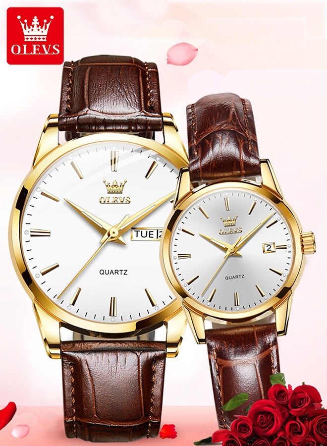 His and Her Couple Watches Business Men Women Couple Set Pair Watch Matching Romantic Quartz Watch Leather Waterproof Date Men's Watches Women Watches Wrist Watch - Image 1