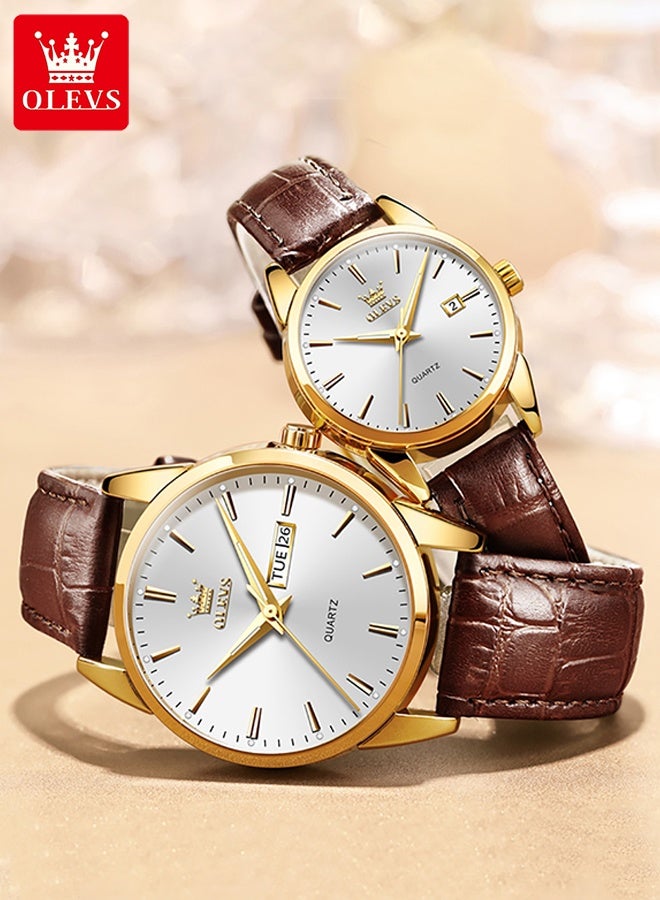 His and Her Couple Watches Business Men Women Couple Set Pair Watch Matching Romantic Quartz Watch Leather Waterproof Date Men's Watches Women Watches Wrist Watch - Image 2