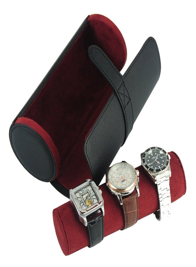 TIMELYBUYS Deluxe Black Saffiano 3 Watch Bangle Bracelet Travel Watch Case and Jewelry Roll - Image 4