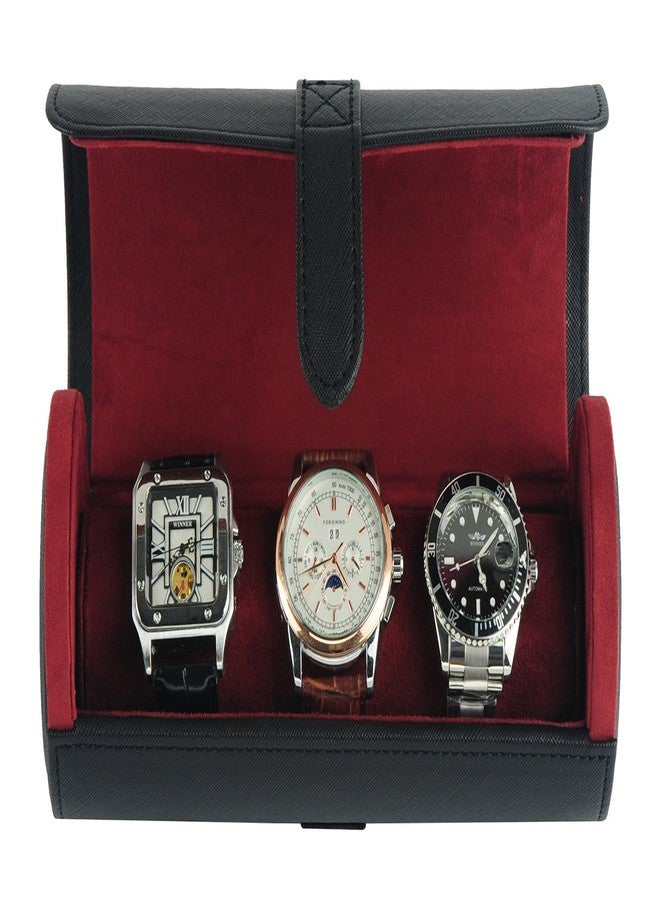TIMELYBUYS Deluxe Black Saffiano 3 Watch Bangle Bracelet Travel Watch Case and Jewelry Roll - Image 1