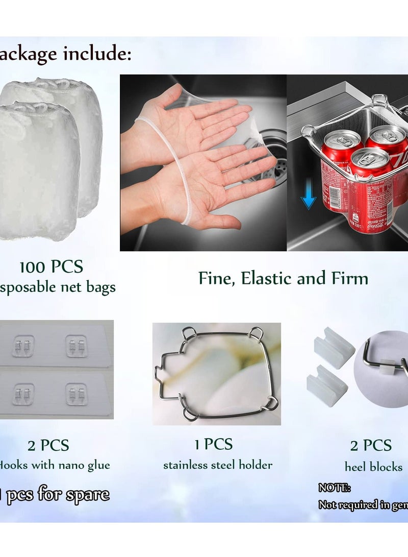 Y&D Kitchen Sink Strainer Basket with Net Bag and Stainless Steel Holder, Upgraded Triangular Filter, Food Catcher Corner Disposable Mesh (100 PCS)  - Image 3