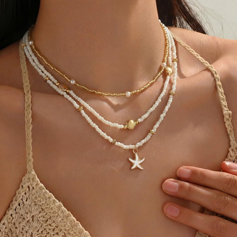Nackiy Handmade Sea Shell Necklace for Women Summer Adjustable Natural Shell Collar Necklace (Starfish 3pcs) - Image 5
