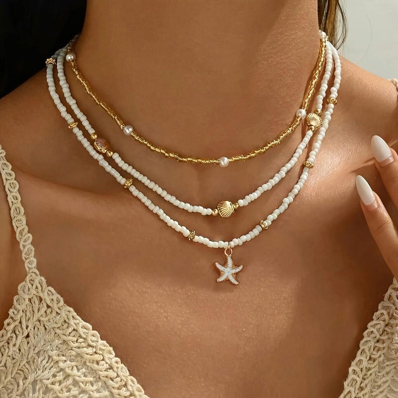 Nackiy Handmade Sea Shell Necklace for Women Summer Adjustable Natural Shell Collar Necklace (Starfish 3pcs) - Image 2