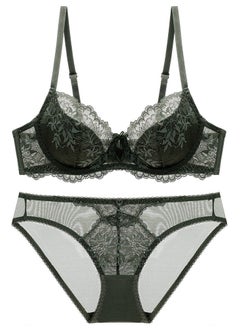 Comfy Solid Color Thin Cup Lace Bra And Panty Set Dark Green