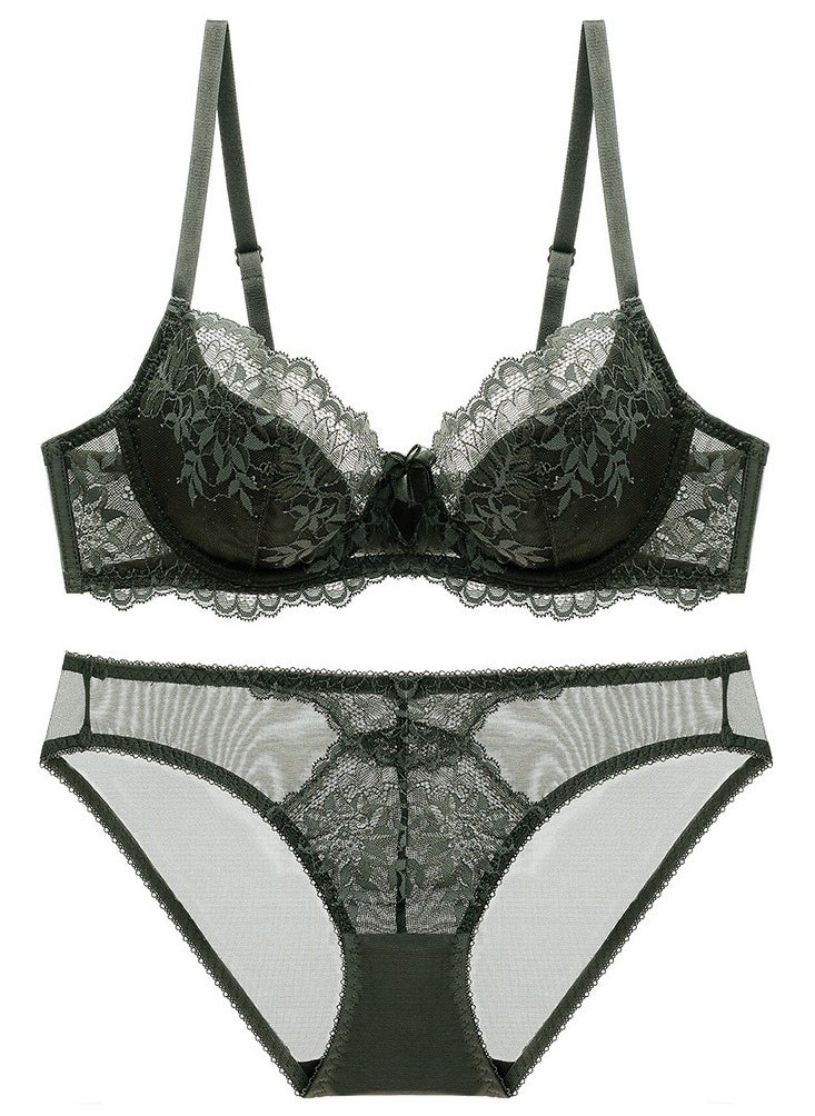 Loquat - Comfy Solid Color Thin Cup Lace Bra And Panty Set Dark Green - Image 1