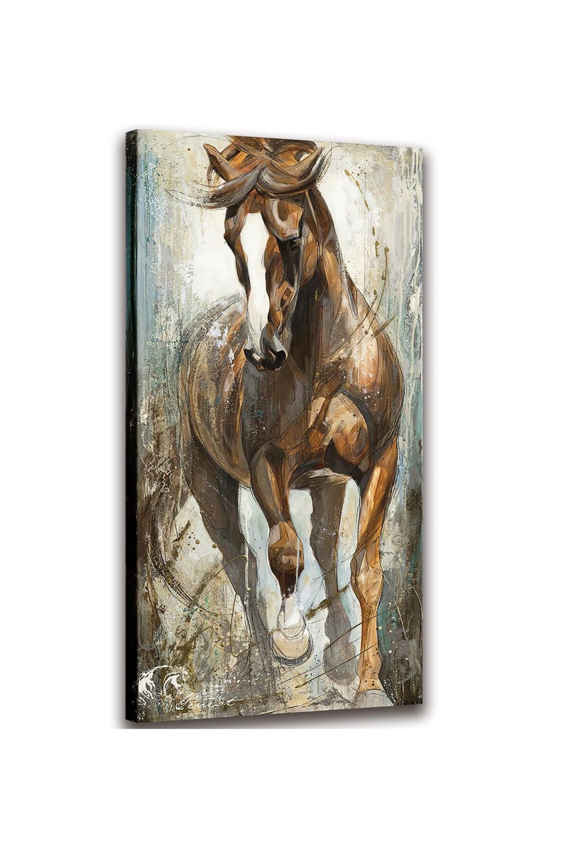 AKOTAC Large Framed Retro Animal Running Brown Horse Canvas Wall Art - Image 1