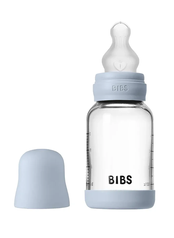 BIBS Glass Bottle Baby Bottle Round 120 Ml + Latex Teat Slow Food Flow - Baby Blue