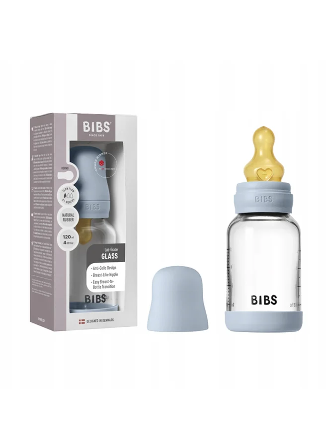 BIBS Glass Bottle Baby Bottle Round 120 Ml + Latex Teat Slow Food Flow - Baby Blue