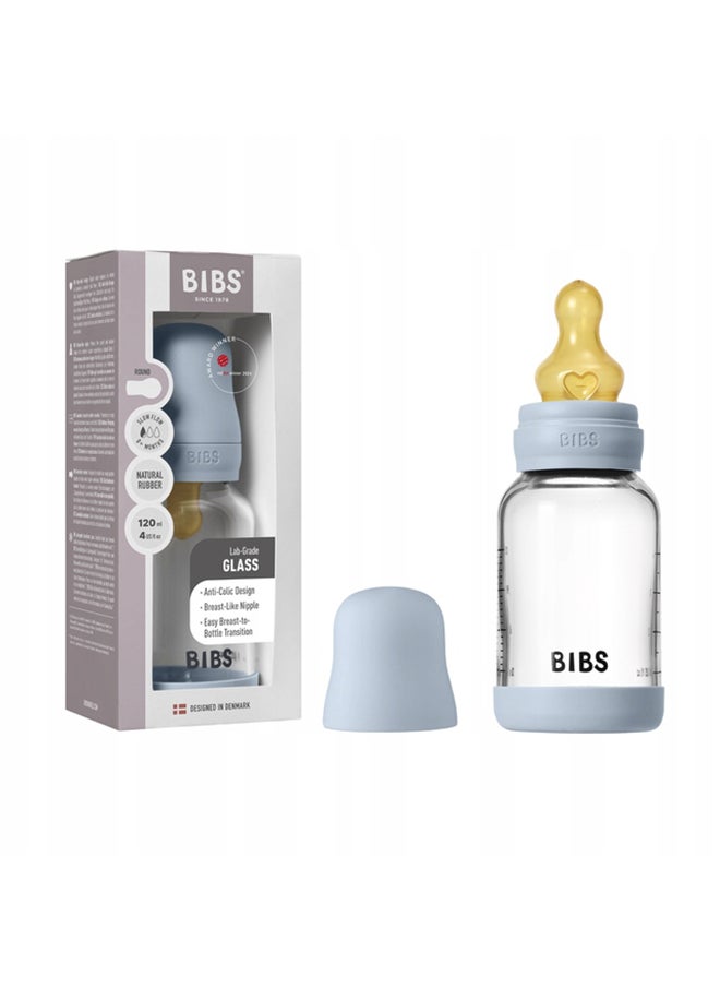 BIBS Glass Bottle Baby Bottle Round 120 Ml + Latex Teat Slow Food Flow - Baby Blue  - Image 1