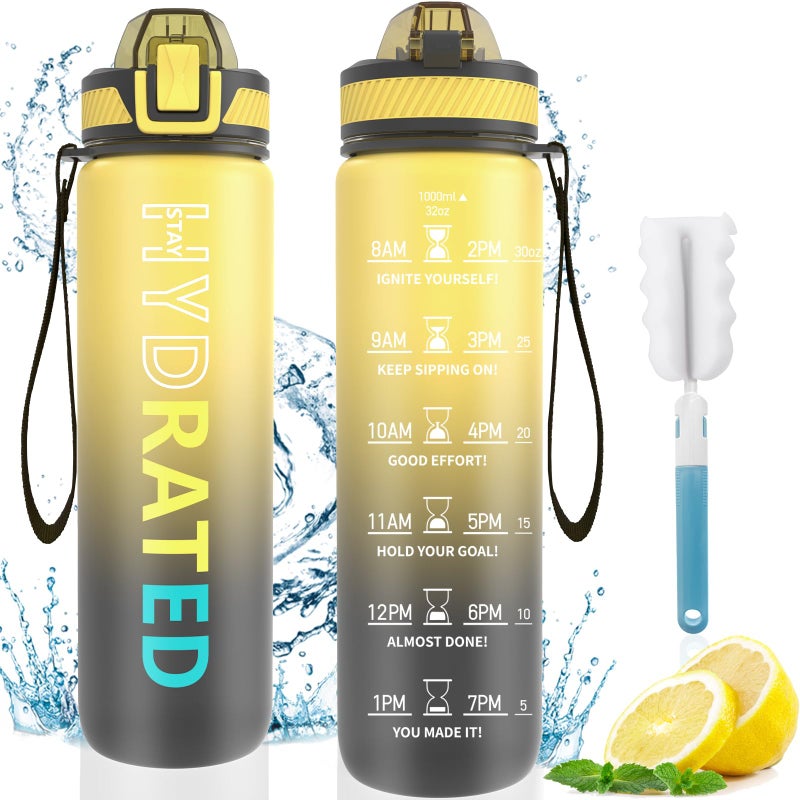 QLUR Water Bottle with Straw  32 oz Motivational Water Bottles with Time Marker to Drink  Tritan BPA Free  1L Sports Water Bottle with Carry Strap LeakProof for Women Men Gym Fitness Outdoor (1 Pack)