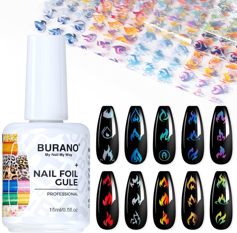 BURANO Nail Art Nail Foil Glue Gel, 15 ML 1 Bottle Foil Transfer Gel with 10PCS Stickers, UV LED Lamp Required Foils Glue for Nails 21 - Image 1