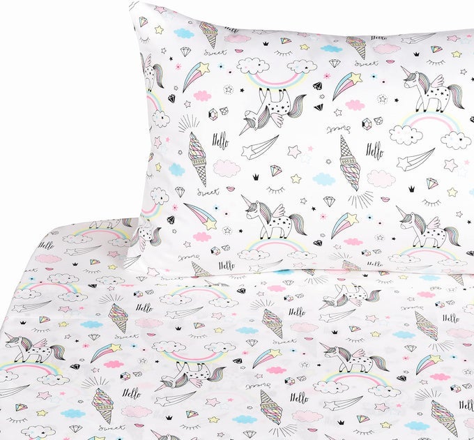 JPINNO UNICORN RAINBOW ICECREAM CONE TWIN 100 COTTON 3 PIECES SHEET SET FOR KIDS GIRLS CHILDREN FLAT SHEET FITTED SHEET PILLOWCASE BEDDING DECORATION GIFT SET