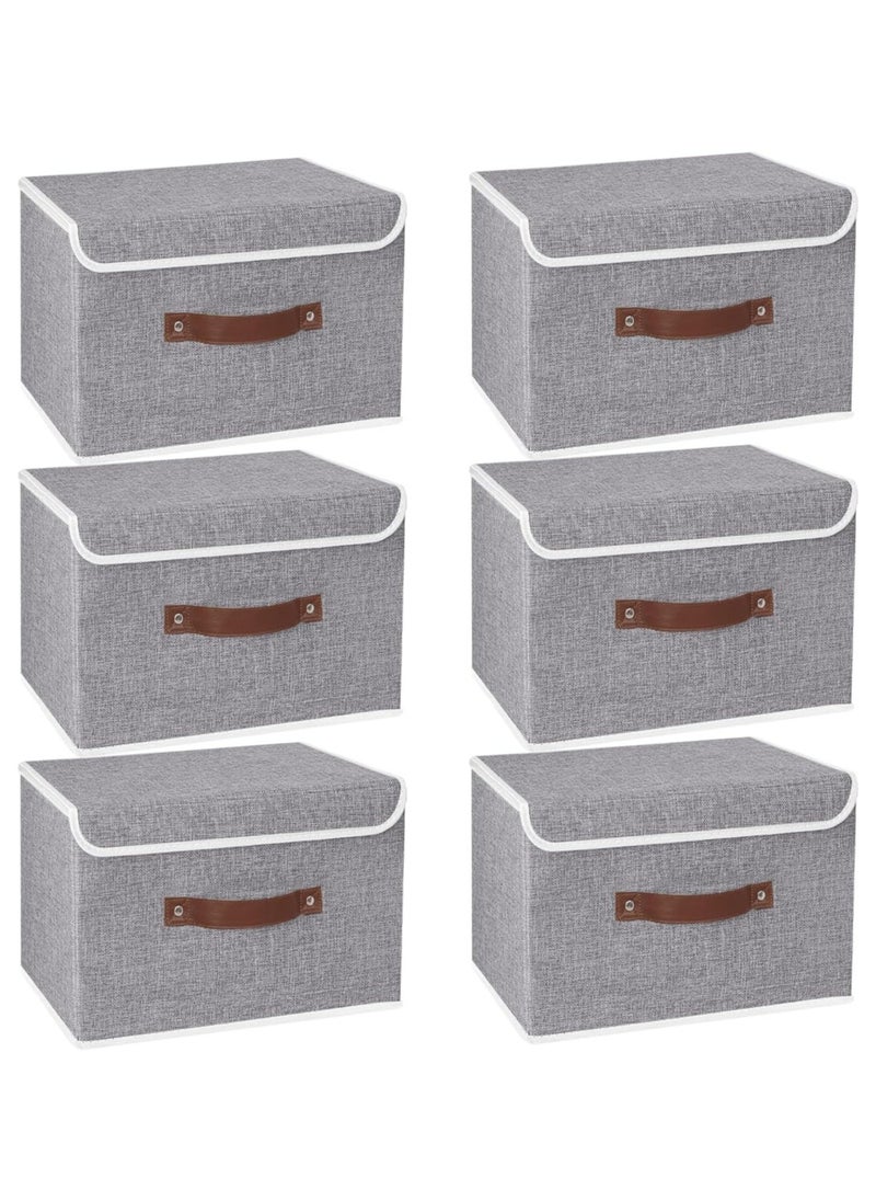AUTOYSUR Storage Bins with Lids, Set of 6 Foldable Storage Boxes with Lids and Leather Handle, Closet Organizers for Clothes Storage, Linen Fabric Storage Baskets Washable, for Toys, Clothes and Books  - Image 1