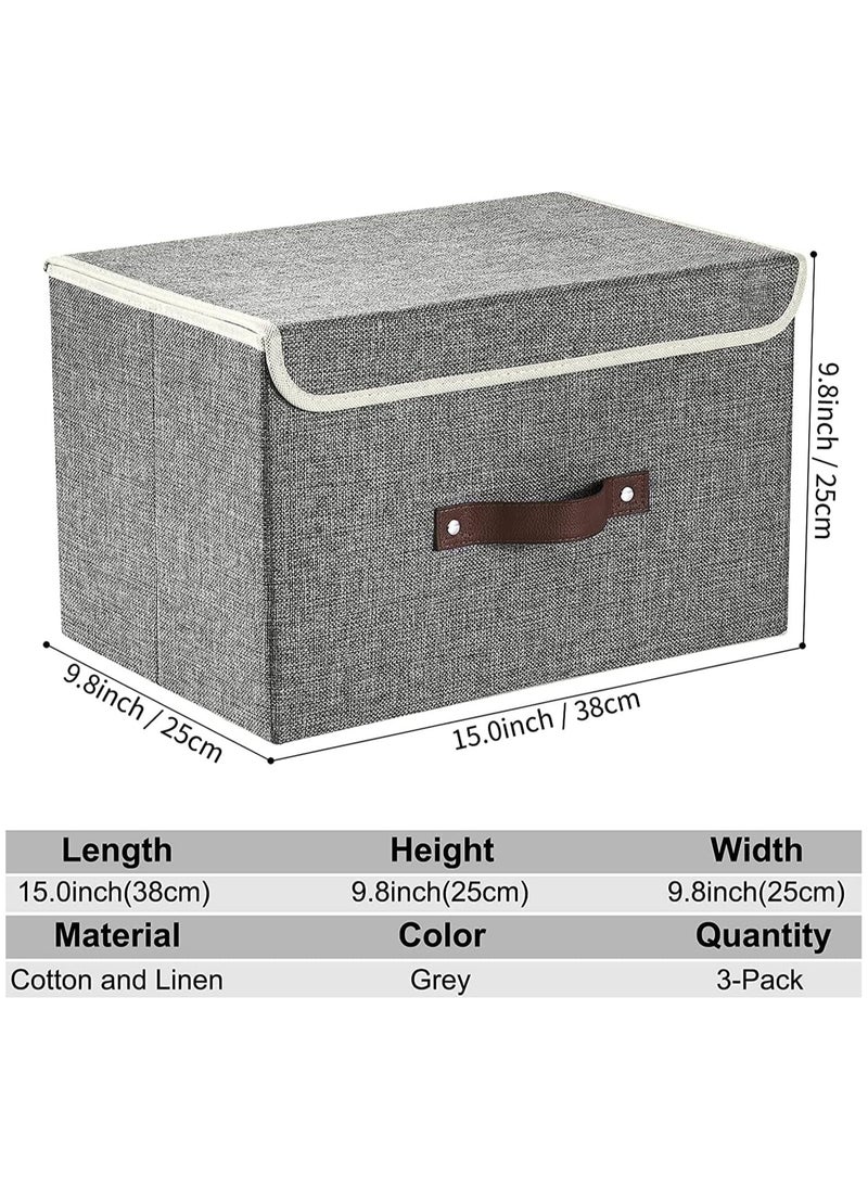 AUTOYSUR Storage Bins with Lids, Set of 6 Foldable Storage Boxes with Lids and Leather Handle, Closet Organizers for Clothes Storage, Linen Fabric Storage Baskets Washable, for Toys, Clothes and Books  - Image 2