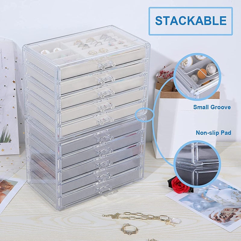 Snazzy 5 Drawers Acrylic Jewelry Organizer Birthday and Back To School Season Gift Women Large Clear Jewelry Box Velvet Jewelry Display Holder for Earrings Rings Necklaces Grey - Image 4