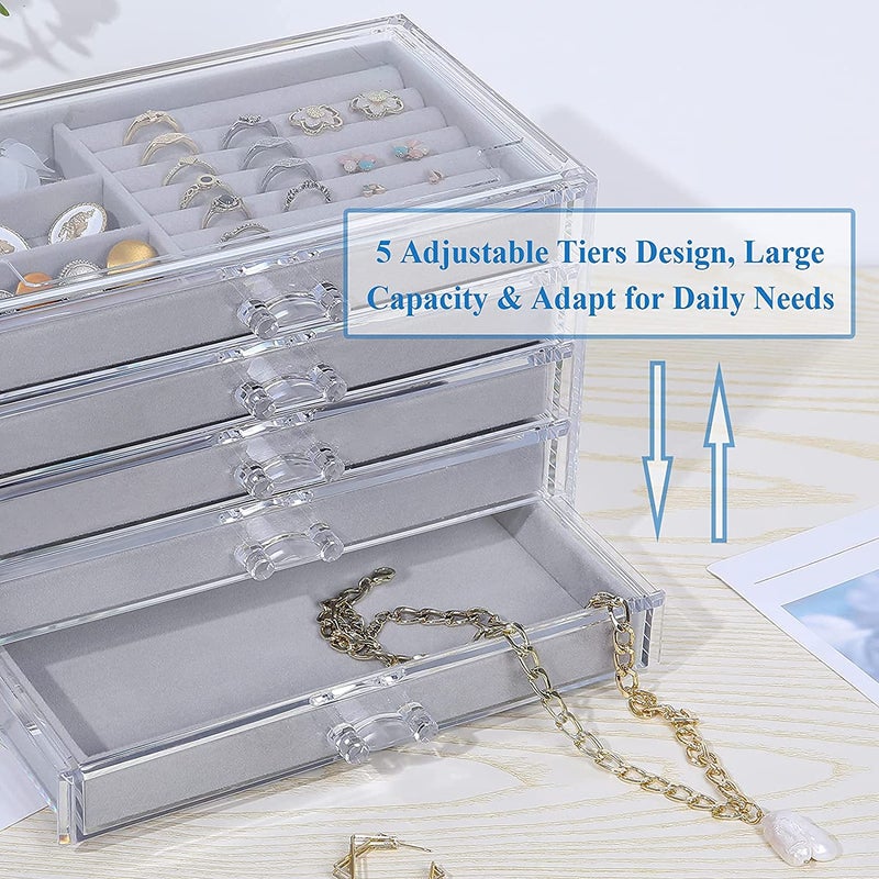 Snazzy 5 Drawers Acrylic Jewelry Organizer Birthday and Back To School Season Gift Women Large Clear Jewelry Box Velvet Jewelry Display Holder for Earrings Rings Necklaces Grey - Image 3