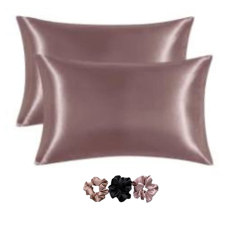 GRILL BUMP GRILL BUMP Luxurious Satin Silk Pillow Covers/Pillowcases with Envelope Closure, Soft Comfortable Protects Hair and Skin - Set of 2 with 3 Satin Schrunchies (Rose)  - Image 1
