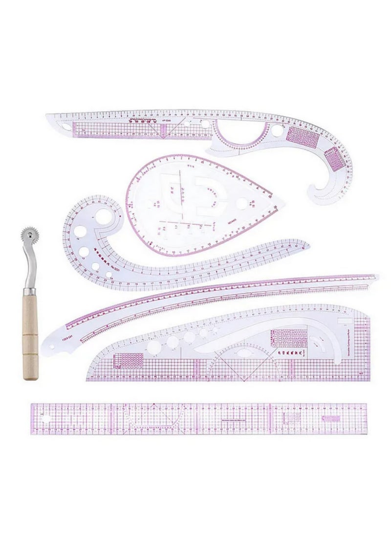 Generic 7Piece French Curve Ruler Set for Sewing Pattern Making Metric Plastic Tailor Grading Ruler Arm Sleeve omma Yardstick Cutting Iron Handle Wheel DIY Dressmaking Design Accessories  - Image 1