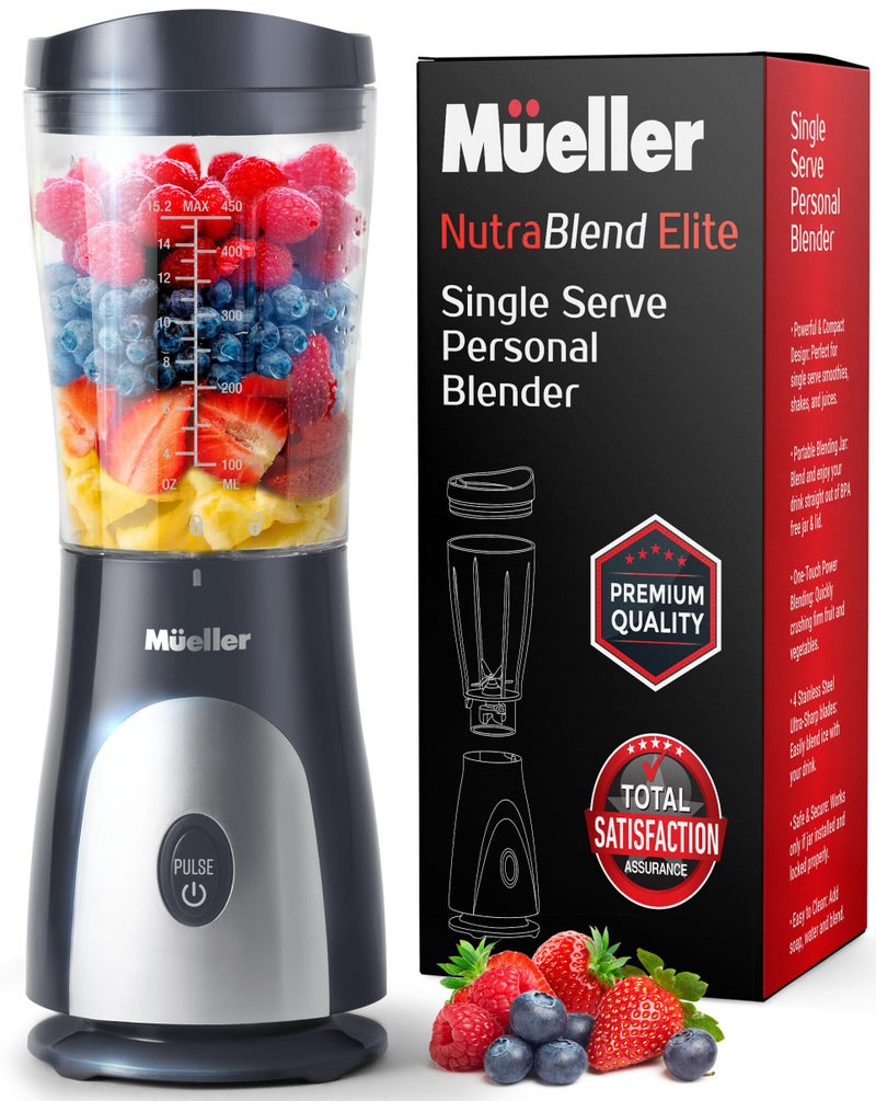 Mueller Personal Blender for Shakes and Smoothies with 15 Oz Travel Cup and Lid Juices Baby Food HeavyDuty Portable Blender  Food Processor Grey
