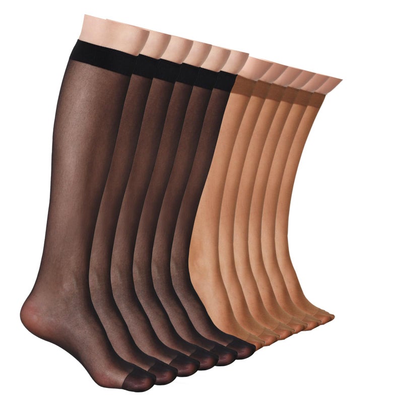 ZIHUA 12 Pairs Knee High Stockings for Women, 20 Denier Sheer Nylon Socks for Women(6Black6Tan,One Size) - Image 1