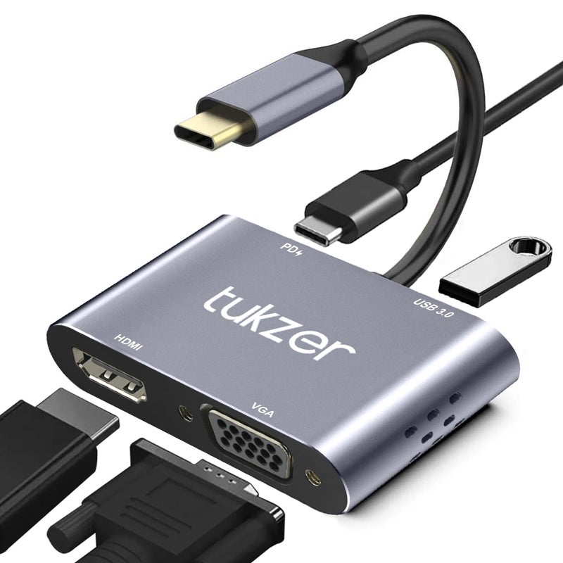 tuKZer 4-in-1 Type-C Hub to HDMI 4K@30Hz, VGA 1080P@60Hz, USB 3.0 Data, 100W PD, MultiPort Adapter Compatible with MacBook Pro Air iPad, Dell, Samsung Galaxy & Other Type-C Device - Image 1