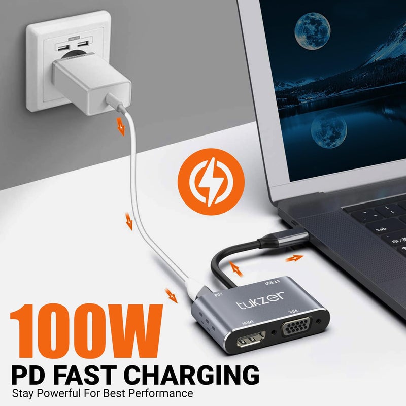 tuKZer 4-in-1 Type-C Hub to HDMI 4K@30Hz, VGA 1080P@60Hz, USB 3.0 Data, 100W PD, MultiPort Adapter Compatible with MacBook Pro Air iPad, Dell, Samsung Galaxy & Other Type-C Device - Image 5