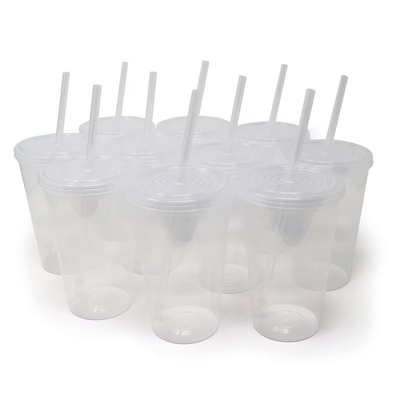 Rolling Sands 22 oz Reusable Plastic Cups with Lids 10 Pack USA Made Clear Tumblers Includes 10 Reusable Straws Dishwasher Safe
