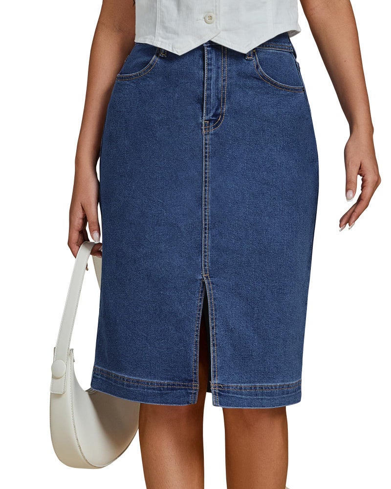 luvamia Stretchy Denim Skirts for Women Jean Midi Denim with Slit Womens Skirts Midi Length Classic Blue Size Large US 12 to 14 - Image 1