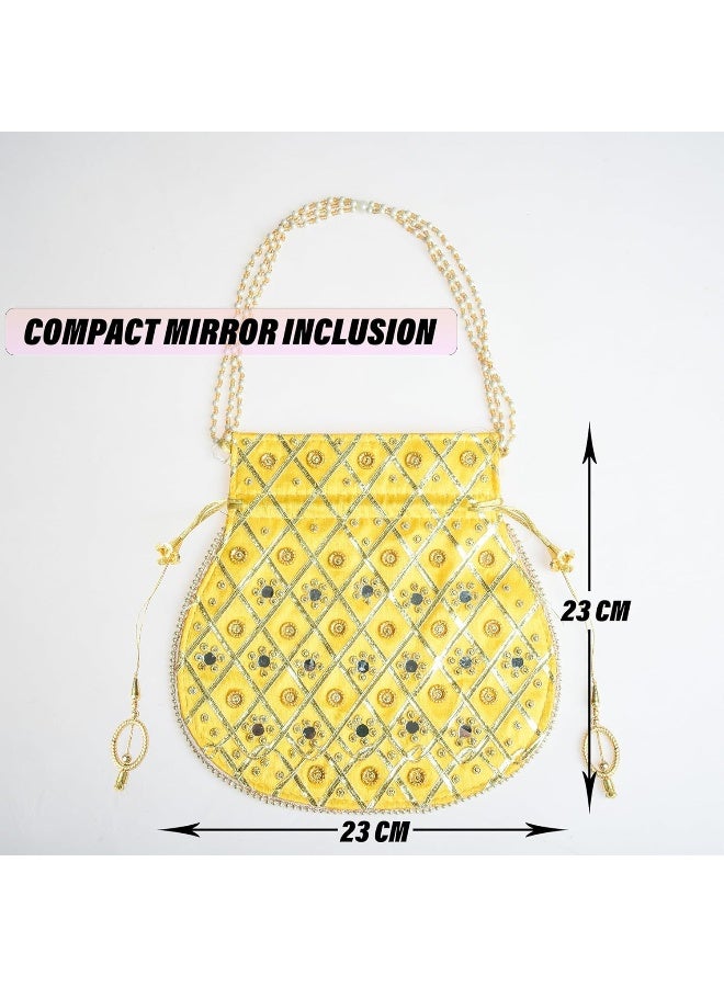Kuber Industries Potli | Wedding Potli | Drawstring Potli with Handle | Wallet Potli | Christmas Gift Potli | Baby Shower Potli | Mirror Check-Shagun Potli | Yellow - Image 3