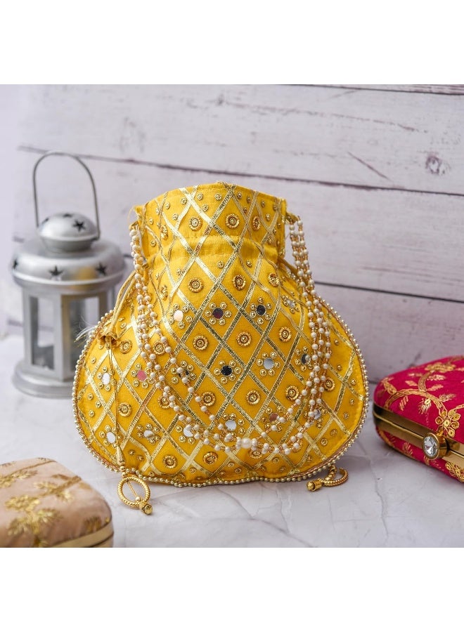 Kuber Industries Potli | Wedding Potli | Drawstring Potli with Handle | Wallet Potli | Christmas Gift Potli | Baby Shower Potli | Mirror Check-Shagun Potli | Yellow - Image 1