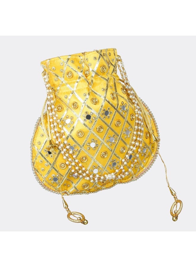Kuber Industries Potli | Wedding Potli | Drawstring Potli with Handle | Wallet Potli | Christmas Gift Potli | Baby Shower Potli | Mirror Check-Shagun Potli | Yellow - Image 4