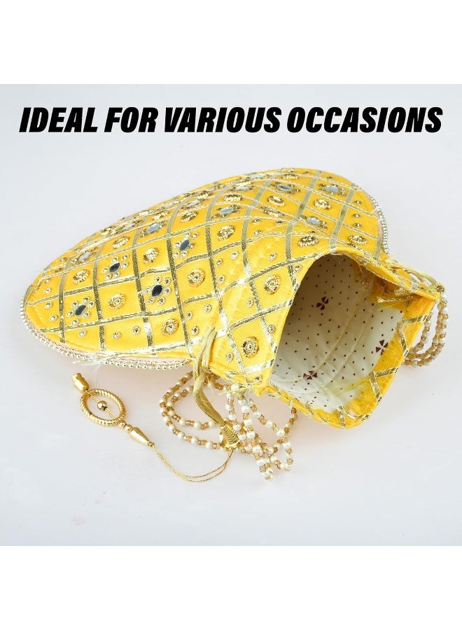 Kuber Industries Potli | Wedding Potli | Drawstring Potli with Handle | Wallet Potli | Christmas Gift Potli | Baby Shower Potli | Mirror Check-Shagun Potli | Yellow - Image 5