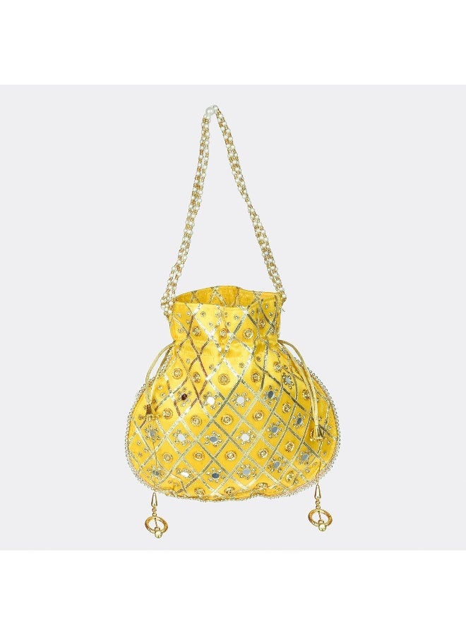 Kuber Industries Potli | Wedding Potli | Drawstring Potli with Handle | Wallet Potli | Christmas Gift Potli | Baby Shower Potli | Mirror Check-Shagun Potli | Yellow - Image 2