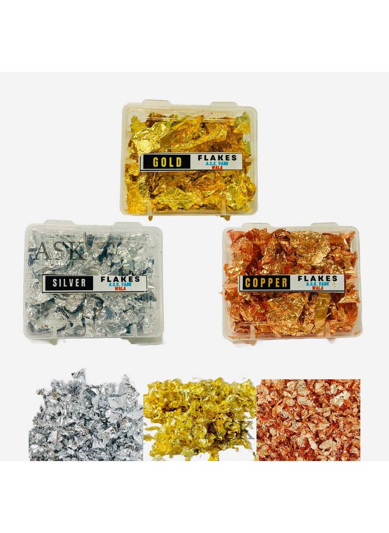 ASK VARK WALA ASK Vark 30G 3 Box Gold Foil Leaf Flakes for Nails Decoration Arts Craft Painting Cake Deco Resin Arts Gilding Home Deco DIYS etc Each 10g in Box GoldSilverCopper 