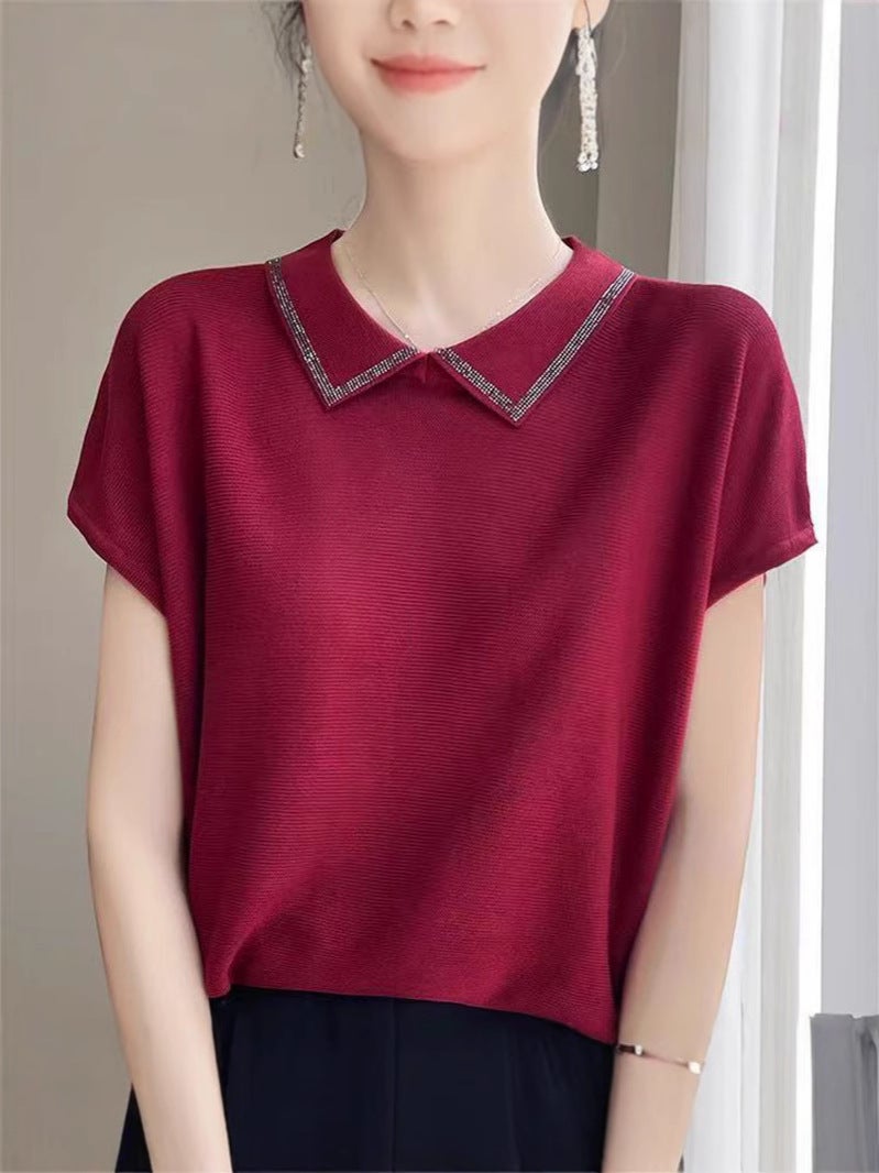 New Ice Linen Polo Collar Short-Sleeved T-Shirt For Women Pure Color Knitted Loose Elegant Top Doll Collar Diamond Breathable Shirt - Image 2