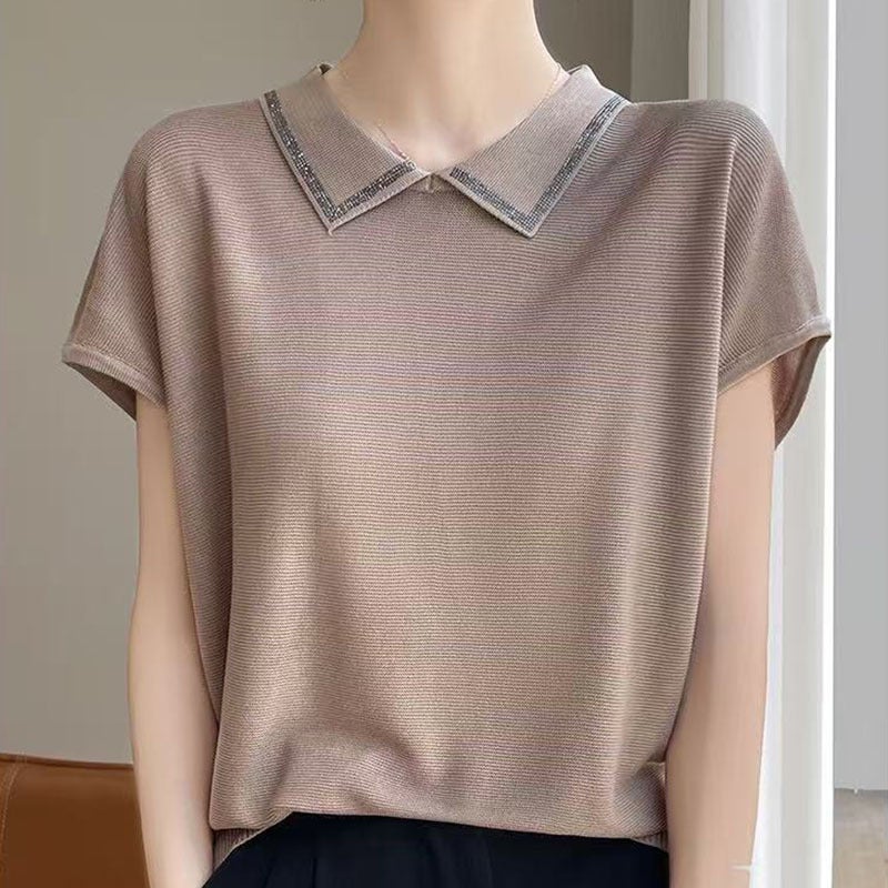 New Ice Linen Polo Collar Short-Sleeved T-Shirt For Women Pure Color Knitted Loose Elegant Top Doll Collar Diamond Breathable Shirt - Image 1