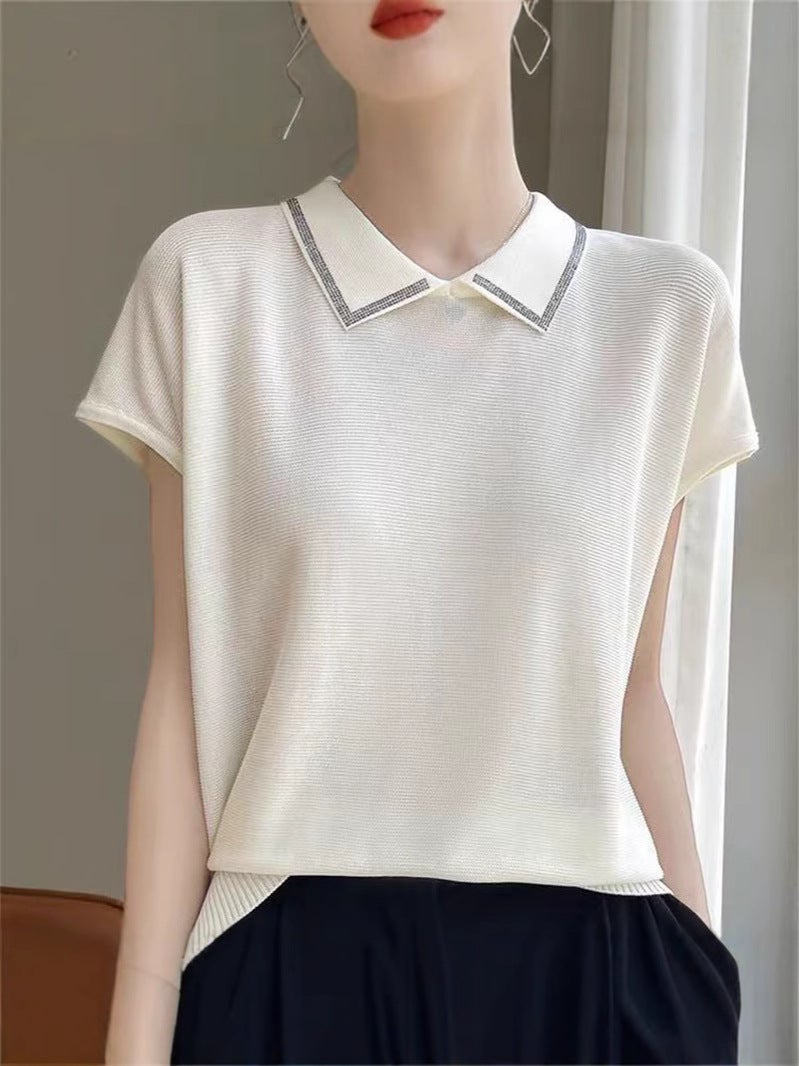 New Ice Linen Polo Collar Short-Sleeved T-Shirt For Women Pure Color Knitted Loose Elegant Top Doll Collar Diamond Breathable Shirt - Image 4