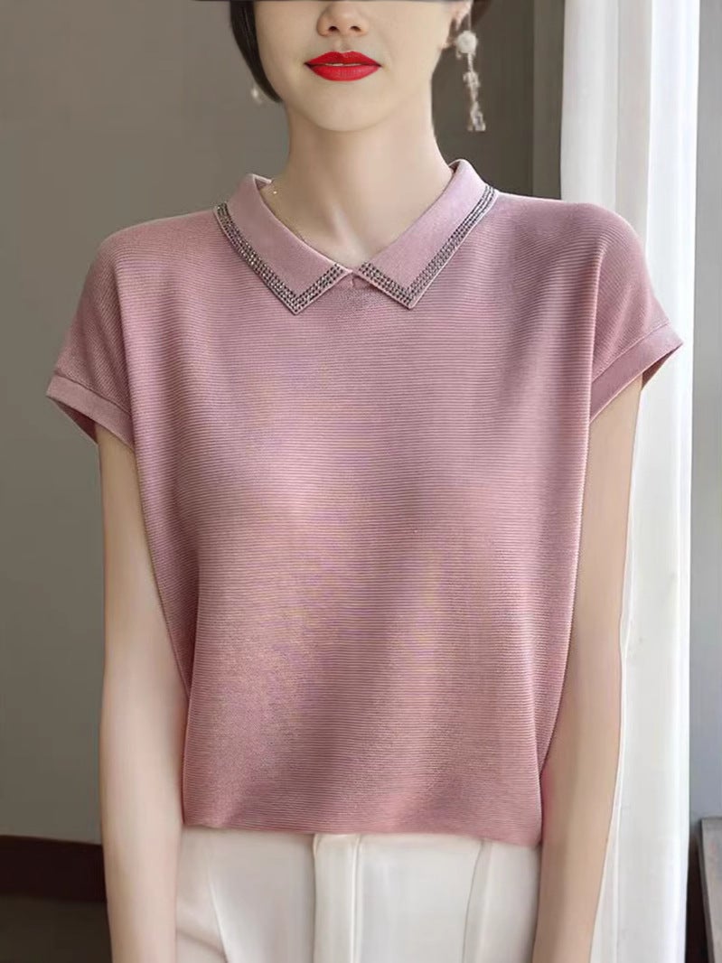 New Ice Linen Polo Collar Short-Sleeved T-Shirt For Women Pure Color Knitted Loose Elegant Top Doll Collar Diamond Breathable Shirt - Image 3