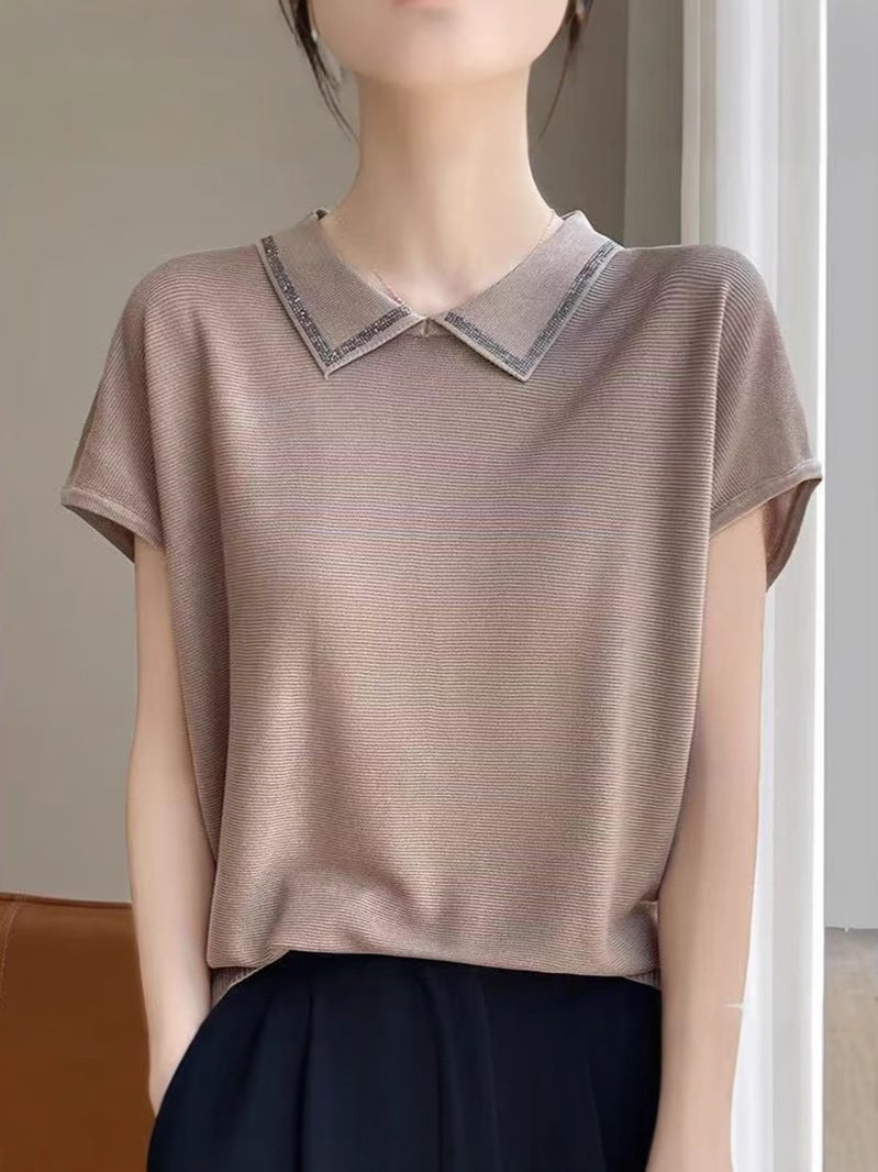 New Ice Linen Polo Collar Short-Sleeved T-Shirt For Women Pure Color Knitted Loose Elegant Top Doll Collar Diamond Breathable Shirt - Image 5