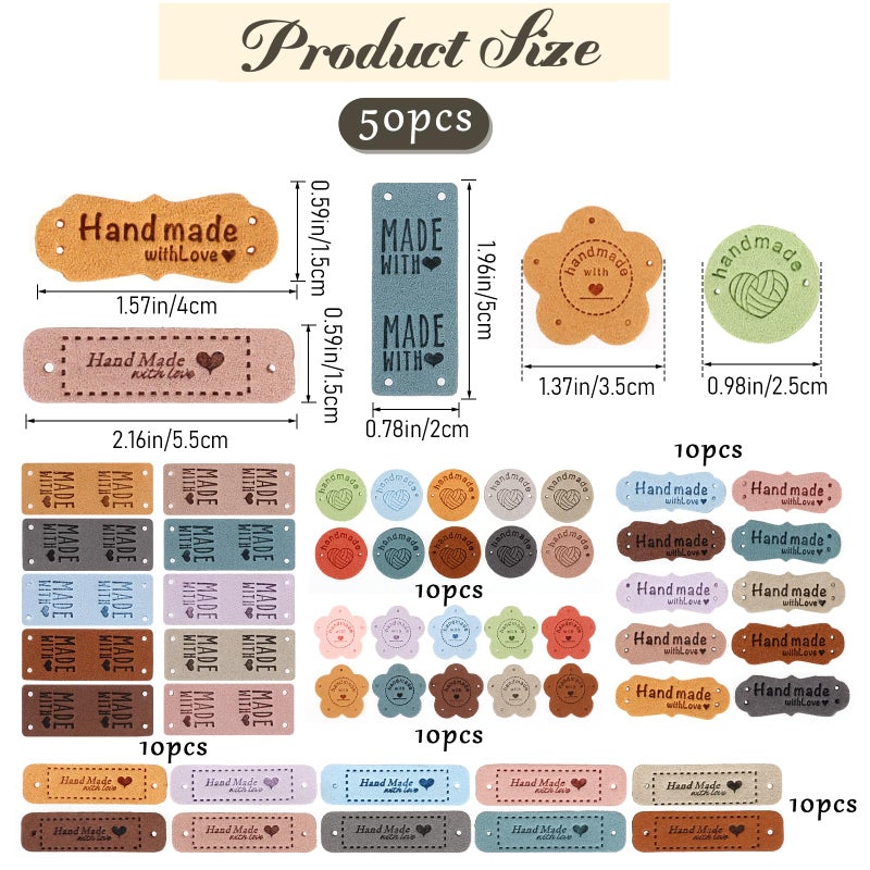 Sliverdew 50pcs Handmade Tags for Crochet Handmade Leather Labels Faux Handmade with Love Leather Tags for Handmade Items Embellishment Knit Accessories with Hole for DIY Crafts Sewing Crochet Knitting Hats - Image 2