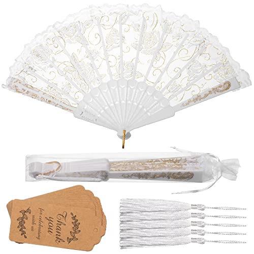 Yookeer White Wedding Fans Lace Floral Folding Hand Fans for Guest Rose Chinese Retro Foldable Fan Bridal Dancing Props Fan Tag with Holes and Bags for Wedding Gift Tea Party Church24 Set