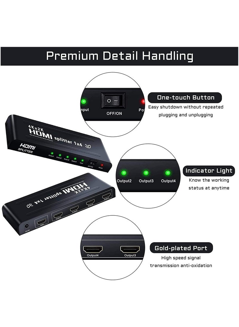 4K HDMI (HDTV) Splitter 1x4 – 1 Input to 4 Outputs | Supports 4K x 2K Ultra HD & 3D | HDMI Distribution for TV, Monitor, Projector