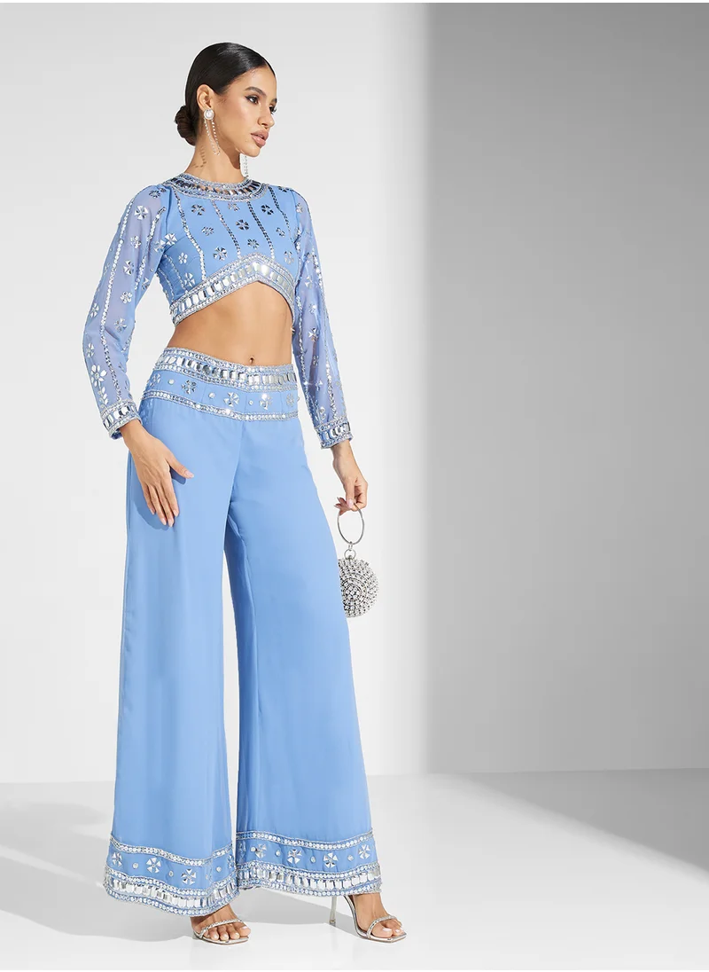 فروك اند فرل Embellished Crop Top And Trouser Set