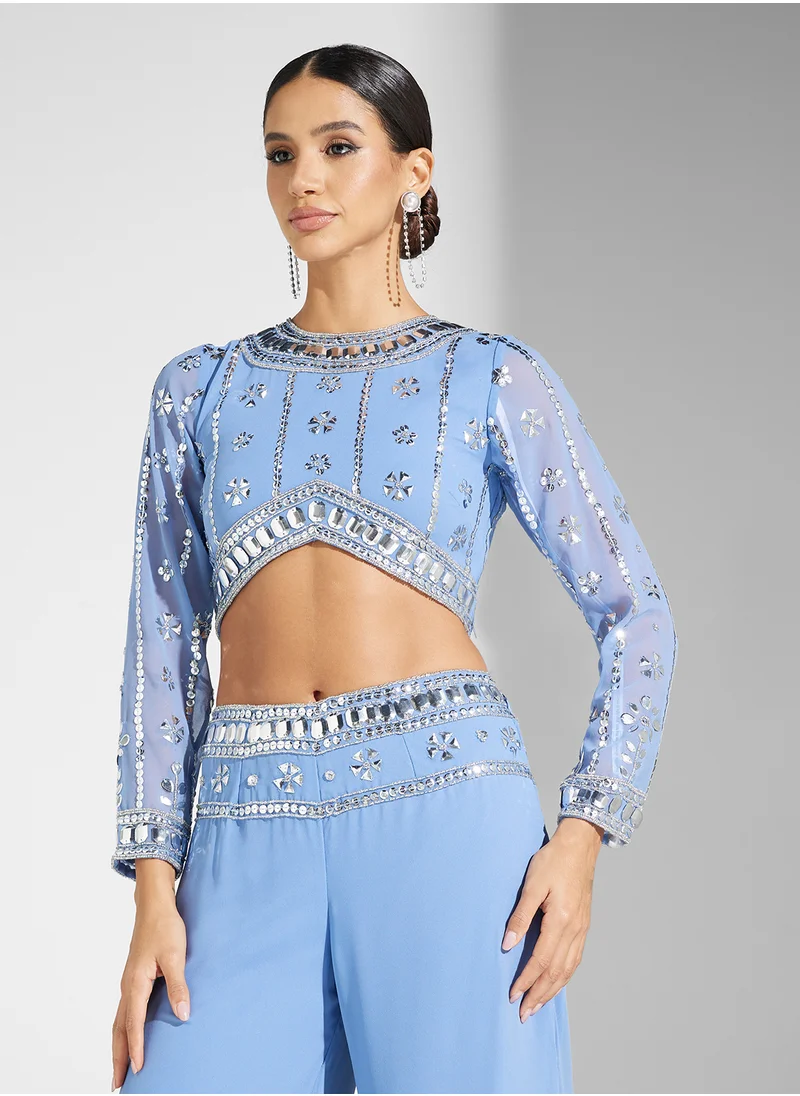فروك اند فرل Embellished Crop Top And Trouser Set