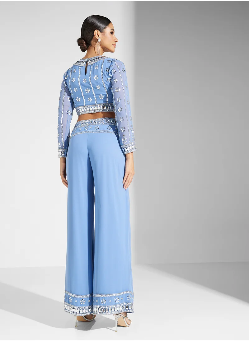 Frock and Frill Embellished Crop Top And Trouser Set